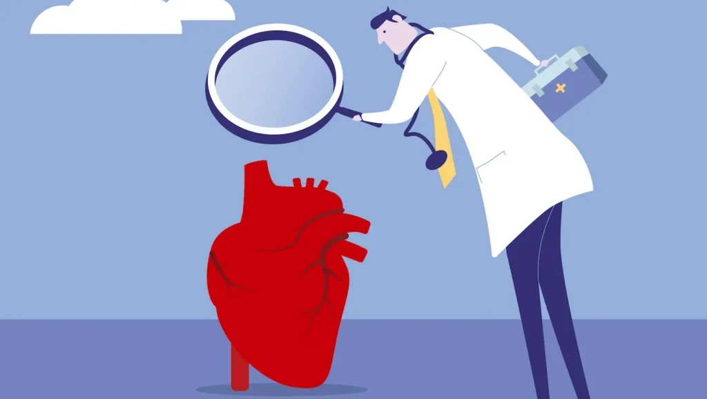 Illustration of a physician examining an anatomical heart with a magnifying glass.